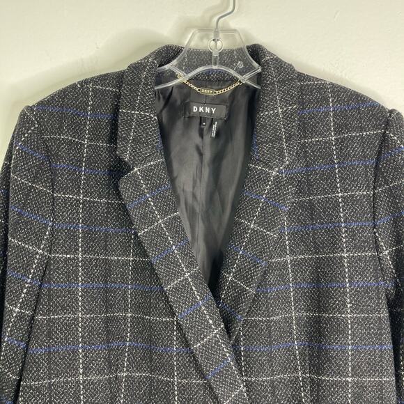 NEW DKNY black white blue plaid button long office preppy blazer jacket 12 - Picture 2 of 8